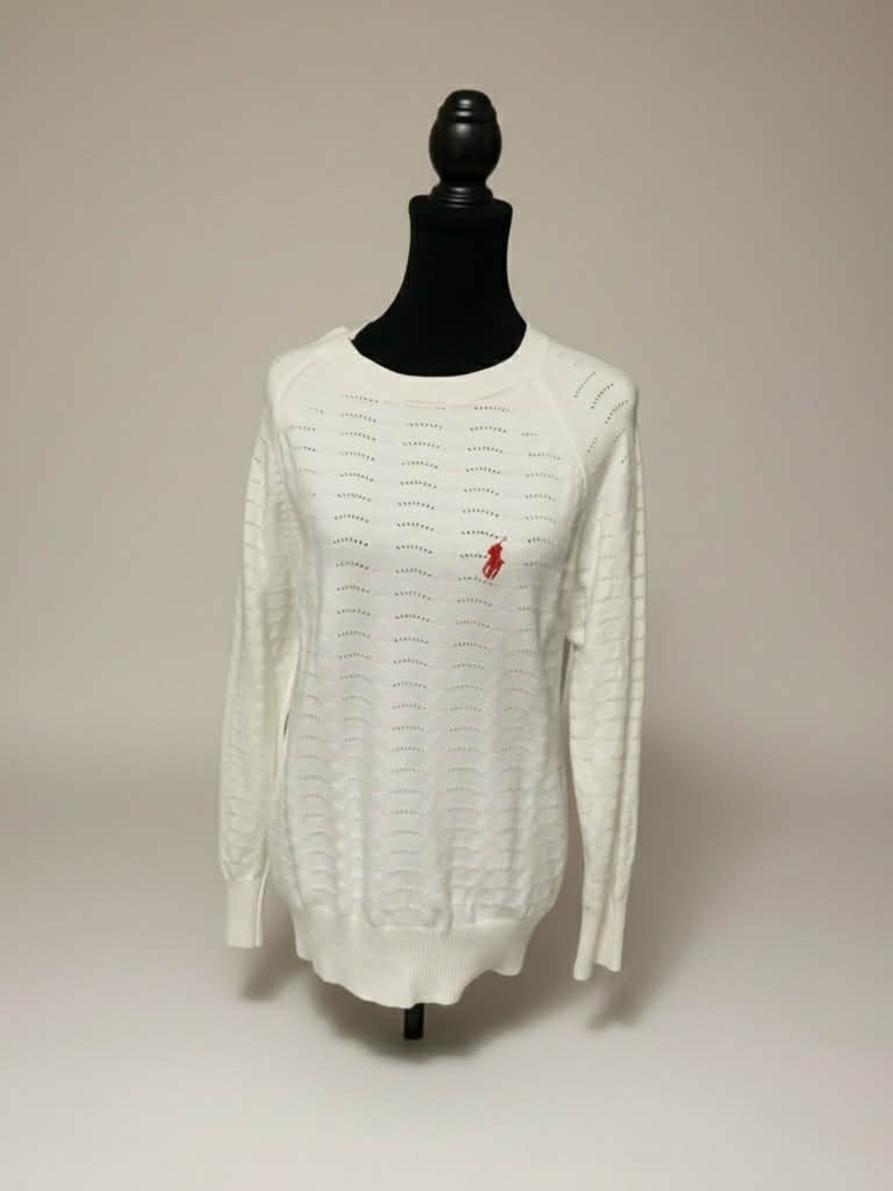 Ralph Lauren White Eyelet Knit Pullover with Red Polo Logo